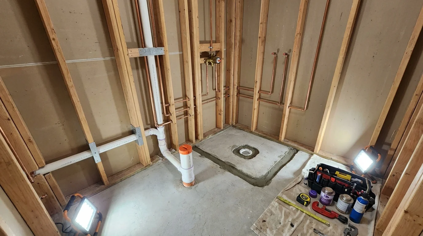Bathroom rough-in plumbing during remodel by Johns Plumbing LLC in Slaton