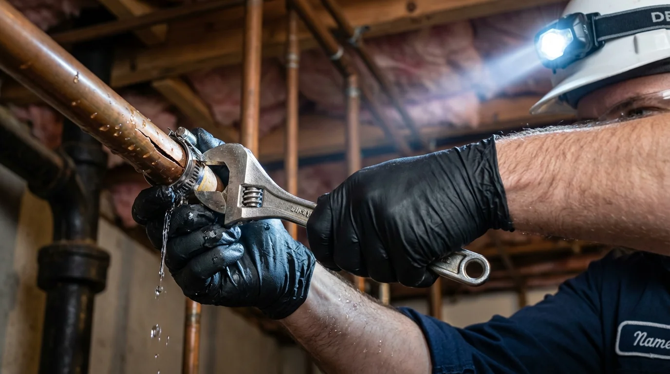 Emergency pipe clamp repair being performed by a Johns Plumbing LLC plumber in Slaton