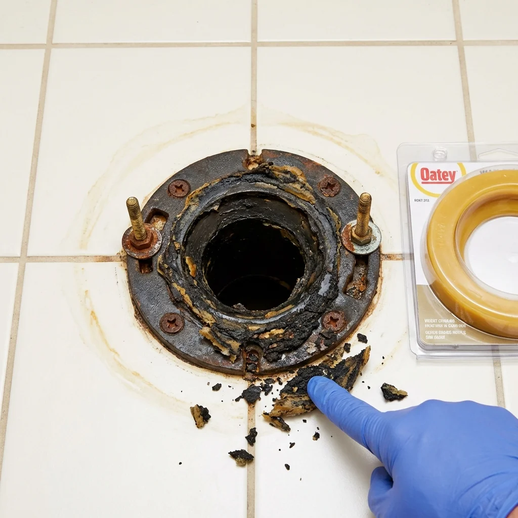 Failed wax ring showing water seepage at the base of a toilet in a Slaton, TX home