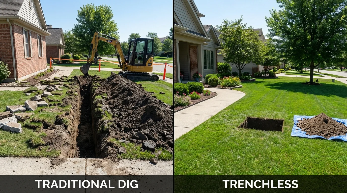 Trenchless sewer repair with minimal yard damage versus traditional excavation in Slaton, TX