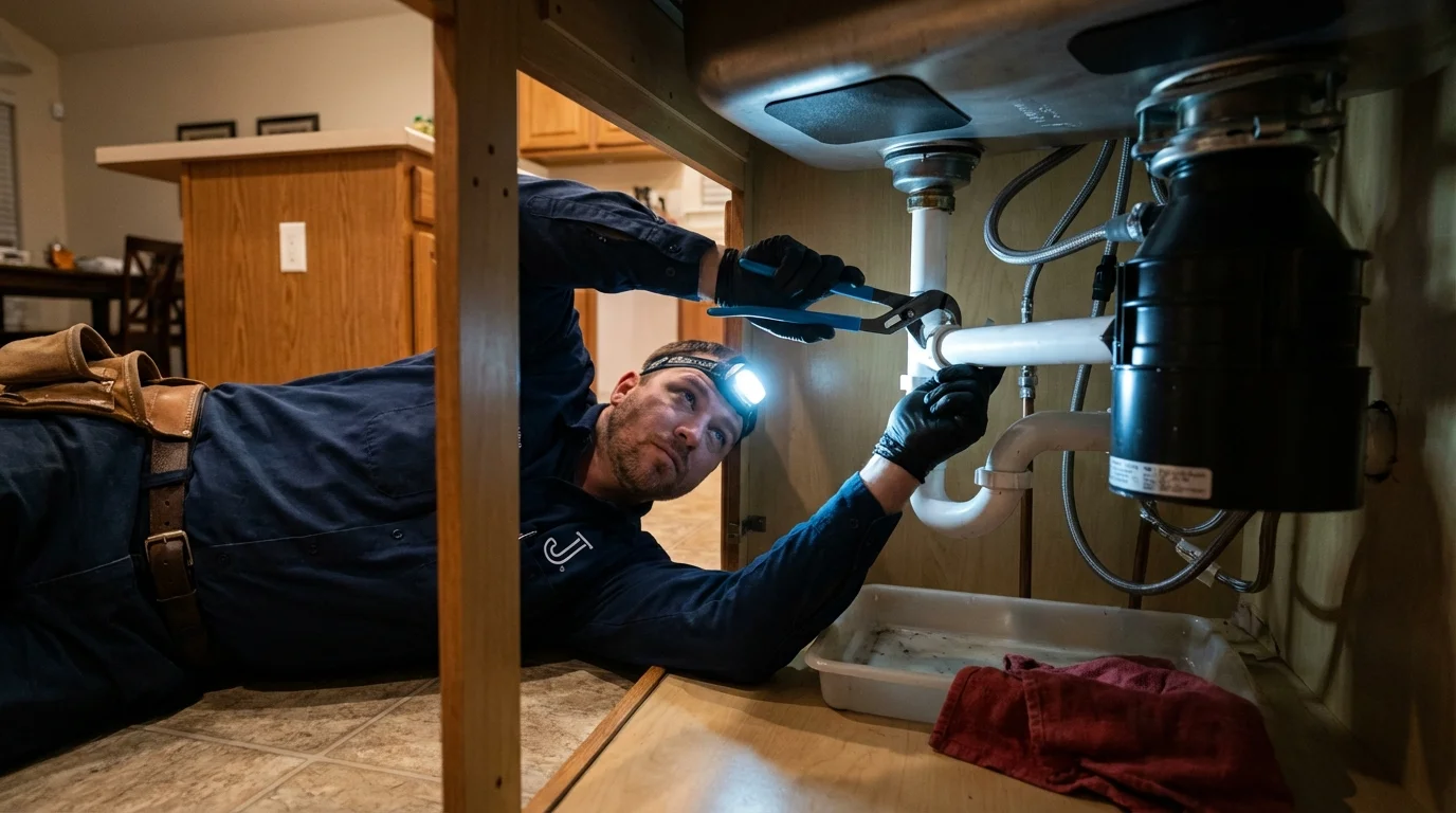 P-trap and supply line connections under a kitchen sink showing a common leak point in Slaton, TX